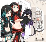  4girls afterimage animal_ear_fluff animal_ears animal_on_head animare arms_up bangs belt beltbra black_gloves black_hair black_jacket black_legwear black_pants black_skirt black_sports_bra blue_belt blue_eyes blue_hair blue_panties blush braid breasts chain chest_belt closed_mouth clothing_cutout commentary_request cowboy_shot cropped_jacket cross-laced_pants cross-laced_sleeves demon_girl demon_horns demon_tail dog dog_on_head dress ear_chain ear_piercing fang flat_chest full_body garter_straps gloves grey_skirt highleg highleg_panties highres horns jacket jewelry kojo_anna large_breasts layered_skirt long_hair long_sleeves looking_at_viewer midriff migchip multicolored_hair multiple_girls musical_note navel nose_blush on_head open_clothes open_jacket panties pants piercing pointy_ears purple_hair purple_legwear red_eyes red_hair ring russian_text ryugasaki_rene shiromiya_mimi shishio_chris short_hair shoulder_cutout side_braid single_thighhigh skirt sleeveless sleeveless_dress sports_bra standing sugar_lyric tail thighhighs twintails two-tone_hair underboob underwear virtual_youtuber white_dress zipper_skirt 