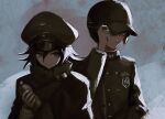  2boys alternate_color arm_up bangs bottle breast_pocket brown_cape brown_headwear brown_jacket buttons cape closed_mouth danganronpa_(series) danganronpa_v3:_killing_harmony double-breasted gradient gradient_background grey_background hand_up hat holding holding_bottle jacket long_sleeves male_focus multiple_boys ouma_kokichi peaked_cap pocket qosic saihara_shuuichi short_hair sketch smile 