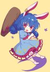  1girl animal_ears bangs blue_dress blue_hair blue_sleeves blush chibi crescent crescent_print dress eyebrows_visible_through_hair hair_between_eyes hair_ornament hands_up looking_at_viewer mallet medium_hair no_shoes open_mouth puffy_short_sleeves puffy_sleeves rabbit_ears red_eyes seiran_(touhou) short_sleeves short_twintails simple_background smile socks solo star_(symbol) star_print tomobe_kinuko touhou twintails weapon white_legwear yellow_background 