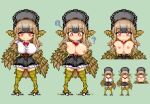  1girl ? bangs bird_legs bird_tail black_skirt black_souls blush bonnet breasts breasts_outside brown_feathers brown_hair brown_wings commentary_request dodo_(black_souls) eyebrows_visible_through_hair feathered_wings frilled_skirt frills green_background harpy keykey117117 large_breasts long_hair looking_at_viewer monster_girl pixel_art red_eyes skirt smile tail tail_feathers talons winged_arms wings 