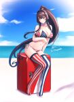  1girl american_flag_bikini artist_name bare_arms bare_shoulders beach bikini blush bottle breasts brown_eyes brown_hair cleavage closed_mouth cola collarbone commission day eyebrows_visible_through_hair flag_print flower hair_between_eyes hair_flower hair_ornament kantai_collection large_breasts long_hair navel ocean odachu pink_flower ponytail side-tie_bikini signature sitting solo striped striped_legwear swimsuit thighhighs vertical-striped_legwear vertical_stripes very_long_hair yamato_(kancolle) 