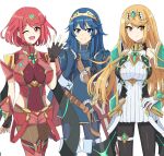  bangs black_gloves blonde_hair breasts chest_jewel dress earrings elbow_gloves fingerless_gloves fire_emblem fire_emblem_awakening gloves highres jewelry large_breasts long_hair lucina_(fire_emblem) mythra_(xenoblade) pantyhose pyra_(xenoblade) red_eyes red_hair red_legwear red_shorts short_dress short_hair short_shorts shorts super_smash_bros. swept_bangs thighhighs tiara very_long_hair white_dress white_gloves xenoblade_chronicles_(series) xenoblade_chronicles_2 yellow_eyes zyuuyon 