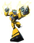  1boy absurdres arm_blade artist_name blue_eyes bumblebee electricity highres insignia jeetdoh mecha no_humans open_mouth running smile transformers transformers_animated weapon white_background 