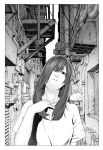  1girl alley border cable closed_mouth crack eyelashes greyscale hair_over_one_eye hatching highres industrial long_hair looking_at_viewer monochrome original outdoors pipes shirt solo sorasorarian t-shirt trash_bag white_border 