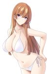  1girl bangs bikini brown_hair closed_mouth collarbone commentary_request eyebrows_visible_through_hair highres long_hair looking_at_viewer marui_koishi navel original purple_eyes side-tie_bikini simple_background smile solo swimsuit 