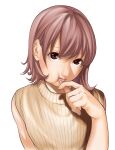  1girl bare_shoulders brown_eyes brown_hair brown_sweater candy food food_in_mouth highres holding holding_candy holding_food lollipop looking_at_viewer medium_hair original simple_background solo sorasorarian sweater turtleneck upper_body white_background 