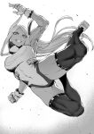  1girl action animal_ears armpits backlighting bangs boku_no_hero_academia breasts clenched_hand crescent_print dark-skinned_female dark_skin debris full_body fur_collar gloves greyscale grin hand_up highres large_breasts long_eyelashes long_hair looking_at_viewer mirko monochrome mugetsu2501 muscular muscular_female parted_bangs rabbit_ears rabbit_tail simple_background smile solo tail thighhighs very_long_hair white_background 