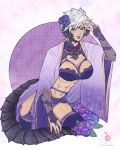  1girl abs au_ra avatar_(ffxiv) bangs bra breasts bridal_gauntlets commission dragon_horns dragon_tail final_fantasy final_fantasy_xiv flower garter_belt hair_flower hair_ornament highres horns large_breasts lingerie looking_at_viewer open_clothes panties peti_(amaipetisu) red_eyes scales short_hair solo tail thighhighs underwear white_hair wide_sleeves 