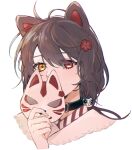  00514_w 1girl animal_ears bangs black_collar brown_eyes brown_hair collar dog_ears dog_girl dog_hair_ornament eyebrows_behind_hair flower fox_mask hair_flower hair_ornament heterochromia holding holding_mask inui_toko mask nijisanji phony_(cevio) portrait red_eyes red_flower solo virtual_youtuber white_background 