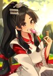  1girl black_hair brown_eyes dango eating food hair_tie headgear high_ponytail highres japanese_clothes kantai_collection katsuobushi_(eba_games) long_hair miko multi-tied_hair nisshin_(kancolle) ribbon-trimmed_sleeves ribbon_trim short_eyebrows skewer solo thick_eyebrows very_long_hair wagashi 