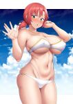  1girl absurdres ao_banana bangs bare_shoulders bikini blue_sky blush boudica_(fate) breasts cleavage collarbone covered_nipples fate/grand_order fate_(series) green_eyes highres large_breasts looking_at_viewer navel o-ring open_mouth red_hair short_hair short_ponytail sky solo swimsuit thighs white_bikini 