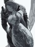  1boy 1girl bob_cut breasts cortana dutch_angle greyscale halo_(series) helmet highres large_breasts legs_together master_chief mirai_hikari monochrome navel power_armor power_suit short_hair smile standing thigh_gap 