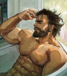  1boy abs absurdres arcane:_league_of_legends bara bare_pectorals bare_shoulders bathroom bathtub beard brown_hair closed_mouth facial_hair from_side highres jessebrart league_of_legends male_focus mature_male muscular muscular_male pectorals solo vander_(arcane) 