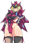  1girl absurdres arm_under_breasts blonde_hair blue_eyes blush breast_hold breasts carol_malus_dienheim hat highres large_breasts lolomion long_hair older open_mouth pussy senki_zesshou_symphogear shiny shiny_hair shiny_skin side_cutout sideless_outfit solo standing sweat thighhighs 