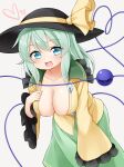  1girl areola_slip areolae bangs black_headwear breasts collarbone eyebrows_visible_through_hair eyelashes foreshortening frilled_sleeves frills green_hair green_skirt hair_between_eyes hanging_breasts hat hat_ribbon highres komeiji_koishi large_breasts leaning_forward long_sleeves looking_at_viewer no_bra open_clothes open_mouth open_shirt ribbon shiny shiny_hair shiny_skin shirt simple_background skindentation skirt smile suwa_yasai third_eye touhou wide_sleeves yellow_ribbon yellow_shirt 