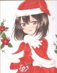  1girl bangs brown_eyes brown_hair capelet christmas commentary_request dress elbow_gloves fur-trimmed_capelet fur-trimmed_dress fur-trimmed_gloves fur-trimmed_headwear fur_capelet fur_trim gift gloves hat highres kantai_collection looking_at_viewer marker_(medium) red_capelet red_gloves red_headwear santa_costume santa_dress santa_hat sendai_(kancolle) traditional_media two_side_up yuuki_chima 