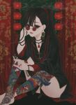  1girl absurdres black_hair commentary_request curtains earrings highres jewelry long_hair long_sleeves looking_at_viewer necklace original ponytail ring sitting smoking solo sunglasses tattoo ushiyama_ame 