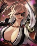  1girl baiken big_hair breasts cleavage eyebrows_visible_through_hair facial_mark facial_tattoo guilty_gear guilty_gear_strive holding holding_weapon jako_(toyprn) japanese_clothes katana kimono large_breasts looking_at_viewer one-eyed one_eye_closed open_clothes open_kimono open_mouth pink_hair pointing pointing_at_viewer pointing_weapon ponytail scar scar_across_eye scar_on_face smile solo sword tattoo tied_hair upper_body weapon wide_sleeves 