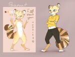  anthro barefoot brown_body brown_fur clothing color_swatch crossed_arms english_text featureless_crotch feet female fur hi_res hoodie mammal midriff model_sheet procyonid raccoon smile solo standing text topwear white_body white_fur yellow_body yellow_fur yshanii 