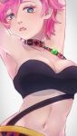  armpits arms_up bare_shoulders black_bra blue_eyes bra breasts choker cleavage jojo_no_kimyou_na_bouken math medium_breasts navel pink_hair short_hair skirt teeth trish_una underwear 