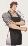  1boy 47 absurdres apron bara black_apron blue_eyes brown_hair cross_scar facial_hair fate/grand_order fate_(series) goatee grey_shirt highres large_pectorals male_focus muscular muscular_male napoleon_bonaparte_(fate) open_mouth pants pectorals scar scar_on_chest shirt short_hair sideburns sleeves_rolled_up solo white_pants 