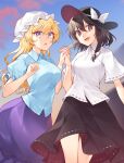  2girls :o ;d alternate_costume black_headwear blonde_hair blue_shirt blue_sky bow breasts brown_eyes brown_hair cloud collared_shirt commentary_request evening eyebrows_visible_through_hair fedora hair_ribbon happy hat hat_bow highres holding_hands kaede_(mmkeyy) large_breasts long_hair looking_at_viewer maribel_hearn medium_breasts medium_hair mob_cap multiple_girls one_eye_closed open_mouth purple_eyes purple_skirt ribbon ribbon-trimmed_skirt ribbon-trimmed_sleeves ribbon_trim shirt short_sleeves sidelocks skirt sky smile touhou tress_ribbon usami_renko white_bow white_headwear white_ribbon white_shirt wing_collar 