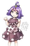  1girl :3 acerola_(pokemon) closed_mouth dress flipped_hair fun_bo gengar hair_ornament looking_at_viewer paw_pose pokemon pokemon_(creature) pokemon_(game) pokemon_sm purple_eyes purple_hair short_hair simple_background smile topknot white_background 