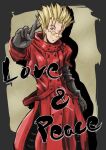  1boy black_gloves black_pants blonde_hair blue_eyes closed_mouth coat commentary_request cowboy_shot crossed_fingers english_text glasses gloves long_coat looking_at_viewer male_focus pants red_coat round_eyewear short_hair smile solo sone_(cortisone) spiked_hair sunglasses trigun vash_the_stampede 
