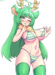  animal_humanoid bebatch big_breasts bikini breasts cervid cervid_humanoid clothing female green_hair hair hi_res humanoid mammal mammal_humanoid nipples one_eye_closed solo swimwear teasing wink 