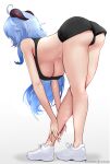  1girl ahoge ass bare_arms bare_legs bare_shoulders bent_over blue_hair breasts full_body ganyu_(genshin_impact) genshin_impact highres hioyami large_breasts legs long_hair ponytail shoes short_shorts shorts sneakers solo sports_bra sportswear sweat underboob 