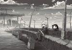  2girls chito_(shoujo_shuumatsu_ryokou) closed_mouth coat fishing gloves greyscale helmet highres leoleonardk10 long_hair long_sleeves looking_at_another looking_away monochrome multiple_girls nuko_(shoujo_shuumatsu_ryokou) outdoors shoujo_shuumatsu_ryokou sitting yuuri_(shoujo_shuumatsu_ryokou) 