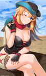  1girl black_gloves blue_eyes blush breasts charlotte_e._yeager cleavage closed_mouth collarbone cowboy_hat crossed_legs fingerless_gloves gloves hat highres hiroshi_(hunter-of-kct) large_breasts long_hair looking_at_viewer one_eye_closed orange_hair outdoors shiny shiny_hair sky smile solo strike_witches world_witches_series 