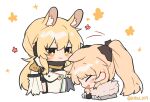  2girls animal_ear_fluff animal_ears arknights armor blemishine_(arknights) blonde_hair fur-trimmed_armor headgear headpat headphones headset highres horse_ears horse_girl horse_tail implied_extra_ears kyou_039 long_hair multiple_girls nearl_(arknights) nearl_the_radiant_knight_(arknights) official_alternate_costume plate_armor ponytail tail 