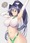  1girl arm_up armpits blue_hair breasts buruma cowboy_shot elbow_gloves gloves green_buruma green_eyes gym_uniform hair_intakes hair_ornament hairclip high_ponytail highleg highleg_buruma impossible_clothes large_breasts long_hair nagase_haruhito nagase_haruhito&#039;s_green_gym_girl navel original ponytail simple_background solo very_long_hair white_background white_gloves 