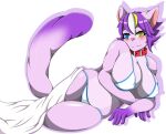  anthro big_breasts bikini blue_eyes breasts clothed clothing collar felid feline female fluffy fluffy_tail fur hair heterochromia mammal mellonsoda multicolored_hair nipple_outline partially_clothed purple_body purple_fur purple_hair simple_background smile solo swimwear yellow_eyes 