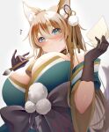  1girl absurdres animal_ears arlene_(ju) black_gloves blue_eyes blush breasts brush cleavage dog_ears genshin_impact gloves highres hina_(genshin_impact) japanese_clothes kimono large_breasts letter light_brown_hair long_hair smile solo upper_body 