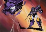  1980s_(style) arm_cannon caterpillar_tracks clenched_hands decepticon english_commentary hinomars19 lightning looking_at_viewer mask mecha multiple_views no_humans purple_lips retro_artstyle smile tarn transformers weapon 