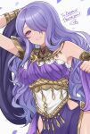  1girl armlet bangs banned_artist bare_shoulders bracelet breasts brooch camilla_(fire_emblem) dancer dancer_(three_houses) dress fire_emblem fire_emblem:_three_houses fire_emblem_fates grin hair_over_one_eye highres hip_vent jewelry large_breasts long_hair looking_at_viewer purple_dress purple_eyes purple_hair shimizu_akina smile solo upper_body very_long_hair 