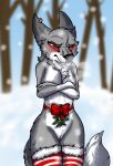  anthro areola blush bow_tie breasts canid canine canis chest_tuft christmas clothing crossed_arms eyes_closed female fur genitals grey_body grey_fur holidays legwear mammal mistletoe non-mammal_breasts pattern_clothing pattern_legwear pattern_stockings plant pussy red_eyes snow snowing solo stockings striped_clothing striped_legwear striped_stockings stripes tuft white_body white_fur wolf zia_(ziatimberwolf) ziatimberwolf 
