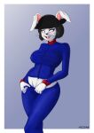  absurd_res anthro barely_visible_genitalia big_breasts big_butt black_hair blush breasts butt clothed clothing eyeshadow female genitals hair hat headgear headwear hi_res lagomorph leporid makeup mammal no_pupils rabbit simple_background solo white_body yiezzas 