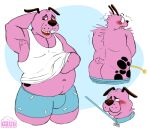  anthro bodily_fluids canid canine canis cartoon_network clothing courage_the_cowardly_dog domestic_dog genital_fluids grubbs hi_res male mammal overweight overweight_anthro overweight_male solo underwear urine 