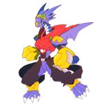  ambiguous_gender anthro arresterdramon bandai_namco belt black_sclera clawed_feet clothing digimon digimon_(species) dragon gloves green_eyes handwear looking_aside pg_enaena purple_body purple_skin simple_background solo white_background wings 