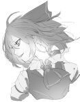  1girl absurdres ascot collared_shirt greyscale hair_between_eyes hair_ribbon highres ikurauni looking_to_the_side monochrome ribbon rumia shirt short_hair simple_background solo touhou upper_body vest white_background 