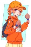  1girl backpack bag baseball_cap blush braid chicken_leg food green_hair hair_behind_ear hat highres holding holding_food hololive hololive_english hood hoodie medium_hair multicolored_hair naekam orange_hair orange_headwear orange_hoodie purple_eyes skirt smile solo streaked_hair takanashi_kiara tongue tongue_out twin_braids virtual_youtuber yellow_skirt 