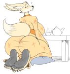  5_toes ? absurd_res anthro asian_clothing big_breasts big_butt blush breasts butt canid canine clothing container cup east_asian_clothing eyes_closed feet female fennec foot_focus fox hi_res japanese_clothing kimono kimota kneeling looking_back mammal pillow solo tea_cup tea_pot thick_thighs toes zp92 