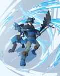  1boy black_hair black_headwear blue_eyes blue_footwear blue_gloves blue_tunic boots closed_mouth commentary energy gloves hat highres holding holding_staff lucario male_focus pants pkpokopoko3 pokemon pokemon_(anime) pokemon_(creature) pokemon_m08 pokemon_rse_(anime) short_hair sir_aaron smile spiked_hair staff standing 