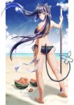  1girl ass bangs barefoot beach bikini black_bikini black_hair blue_sky blunt_bangs blush breasts closed_mouth cloud commentary_request day demon_girl demon_horns demon_tail expressionless food fruit full_body highres holding holding_staff horizon horns kojo_anna long_hair looking_at_viewer looking_back medium_breasts multicolored_hair ocean outdoors pillarboxed pointy_ears purple_hair sand sky solo sone_(cortisone) staff standing sugar_lyric suikawari swimsuit tail twintails two-tone_hair very_long_hair virtual_youtuber water watermelon yellow_eyes 