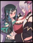  2girls bangs belt beltbra between_breasts black_border black_gloves black_hair black_jacket black_skirt black_sleeves blue_belt blue_hair blush border breast_envy breasts chest_belt closed_mouth clothing_cutout commentary_request cropped_jacket cross-laced_sleeves demon_girl demon_horns detached_sleeves fang flat_chest gloves gradient_hair grey_hair grey_skirt highleg highleg_panties highres honey_strap horns huge_breasts jacket k_waremono layered_skirt long_hair long_sleeves looking_at_another looking_at_breasts midriff multicolored_hair multiple_girls navel necktie necktie_between_breasts nose_blush open_clothes open_jacket open_mouth open_vest panties partially_fingerless_gloves pink_hair pointy_ears purple_background red_eyes red_necktie shishio_chris shoulder_cutout simple_background skirt smile sugar_lyric suou_patra sweatdrop two-tone_hair underwear vest virtual_youtuber white_vest zipper_skirt 