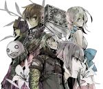  bandages closed_mouth commentary emil_(nier) flower grimoire_weiss highres kaine_(nier) long_hair looking_at_viewer masked_king multiple_boys multiple_girls nier nier_(series) nier_(young) ritsuko_(rittii) short_hair silver_hair smile white_background white_hair yonah 