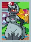  2021 absurd_res anthro anthrofied big_breasts blush bodily_fluids breasts digital_media_(artwork) exhibitionism female genital_fluids genitals hand_behind_head hand_on_hip hi_res kakuna looking_at_viewer lunaris_parukia navel nintendo nipples nude outside pok&eacute;mon pok&eacute;mon_(species) pok&eacute;morph poochyena pussy pussy_juice red_eyes solo thigh_gap video_games yellow_sclera 